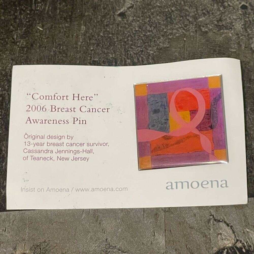 Vintage Breast Cancer Awareness Enamel Pin Square Amoena 2006 Pink Ribbon Brooch